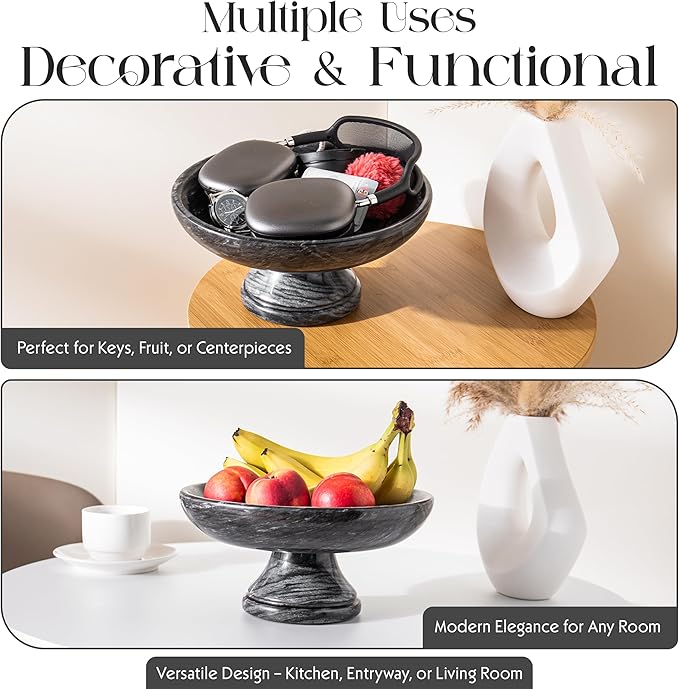 Decorative Marble Bowl with Anti-Slip Pads, Large Countertop Centerpiece and Modern Catch All Bowl for Entryway Keys - Elegant Large Fruit Bowl, Black, ~10"