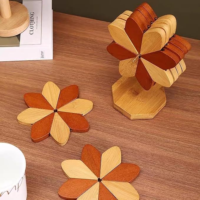 Wooden Tree Coaster, Trivet for hot Dishes, Trivet for hot Pot and Flat Bottomed pan, Wooden Windmill Cup Holder -3 or 4 or 5 Wooden mats+1 Bracket(Windmill placemats 4 pcs)