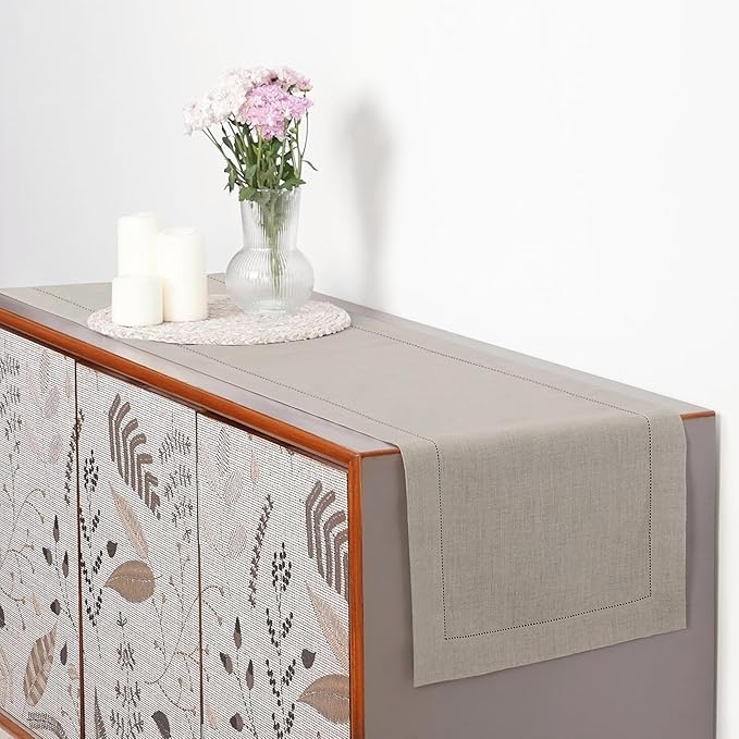 D'Moksha Homes Linen Natural Table Runner 132 Inches Long - 100% Pure Linen Extra Long Table Runner 14 x 132 Inch for Valentines, Spring, Easter - Classic Hemstitch