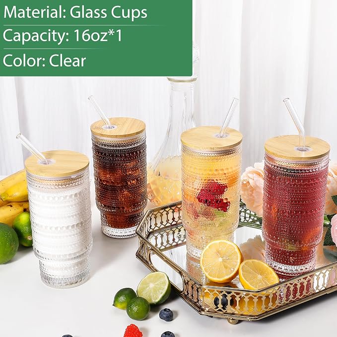 16 Oz Glass Cup with Lid and Straw, Vintage Embossed Glassware - Image 3