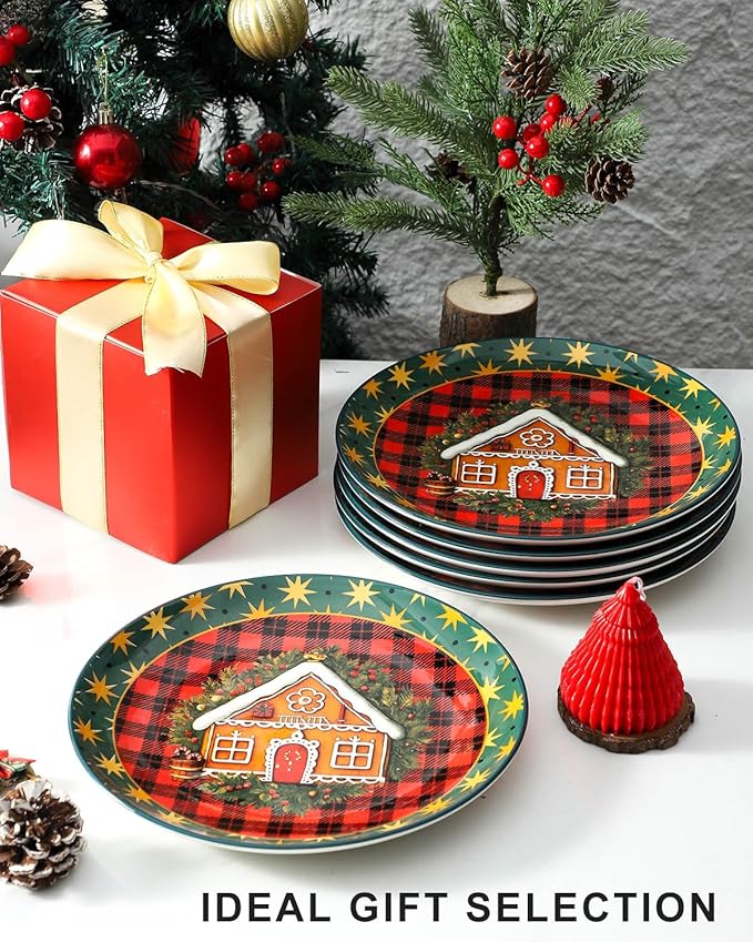 HASENSE Christmas Dinner Plates, 10.5 Inch Ceramic Plates Set of 6, Dinnerware Dish for Kitchen for Steak, Pasta, Pizza, Serving Plate Microwave, Oven and Dishwasher Safe, Holiday Dining Collection