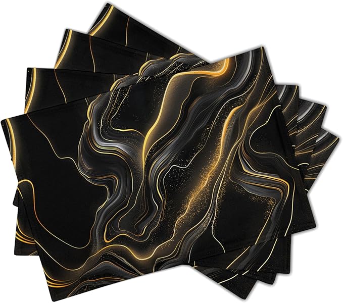 Black and Gold Placemats - Marble Place Mats Set of 4 Modern Placemats 12x18 for Dining Kitchen Farmhouse
