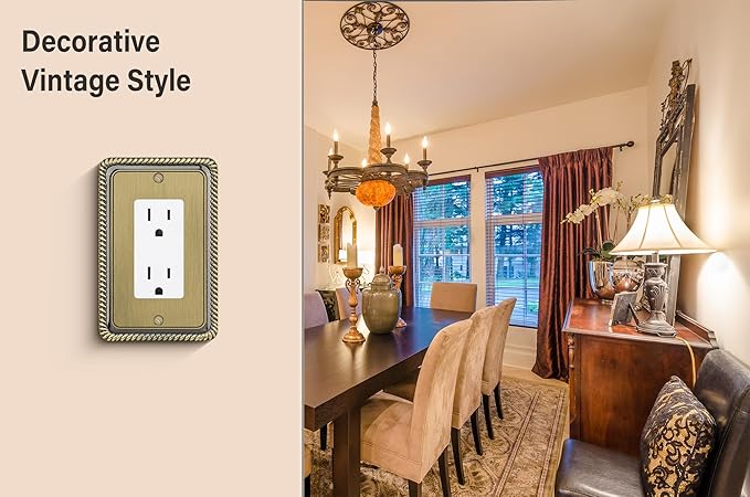 Henne Bery Rope Edge Decorative Wall Plate Switch Plate Outlet Cover (Single Decorator, 2 Pack, Antique Brass)
