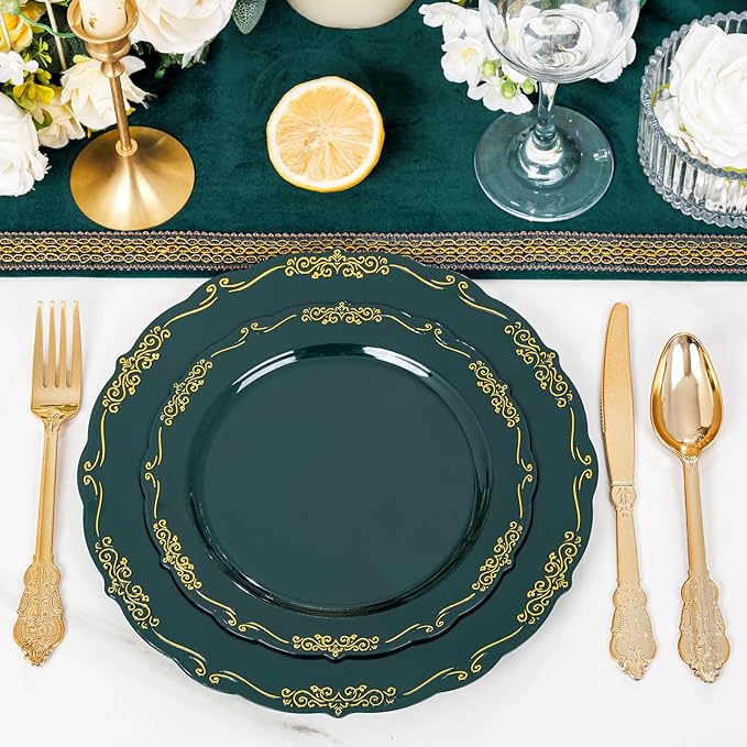 DaYammi 150Pcs Green Plastic Plates with Gold Silverware,Green Disposable Plates for Party include 30 Dinner Plate,30 Dessert Plate,90 Gold Plastic Cutlery,green gold plate for St. Patrick's Day Party