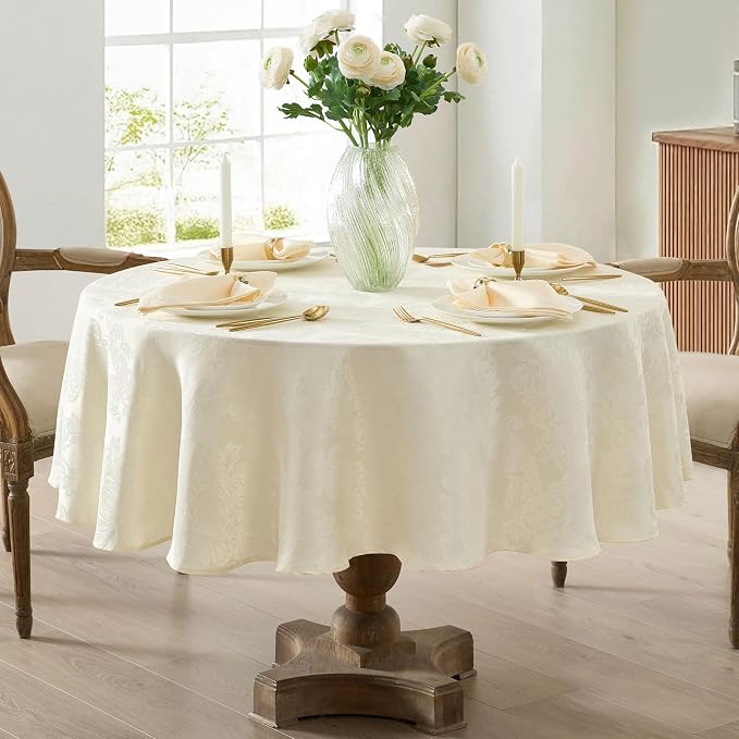 Newbridge Barcelona Luxury Damask Fabric Tablecloth, 90” Round, Antique White - Image 5