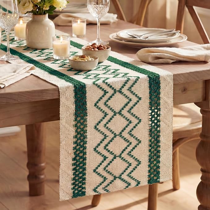 Artoid Mode Forest Green Stripe Diamond Woven Table Runner 12x120 Inch | by ArtoidMode