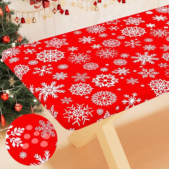 Smiry Plastic Christmas Tablecloth, Snowflake Waterproof Elastic Fitted Table Covers, Wipeable Flannel Backed Vinyl Tablecloths for Christmas Dinner, and New Year Celebration (Red, 30x96 Inches)
