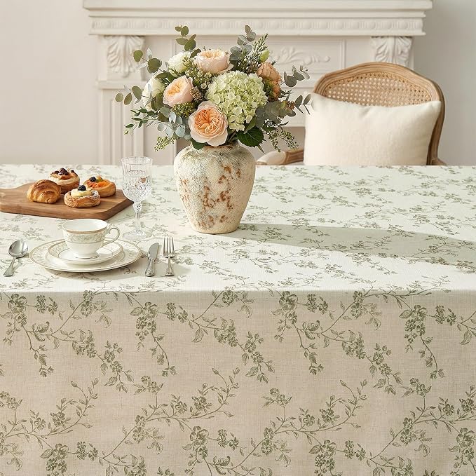 jinchan Green Farmhouse Floral Linen Rectangle Table Cloth 52 x 70 Inch | Soft - Image 5