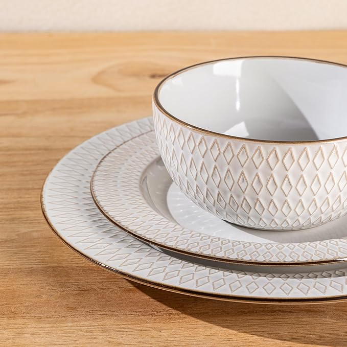 GBHOME Ceramic Dinnerware Sets,18 pcs Embossed Elegant Stoneware Plates and Bowls Sets, Housewarming Wedding Gift | Dishwasher & Microwave Safe | Dishes Set Service for 6