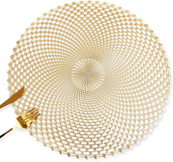 FAVE 10 PCS Gold Vinyl Round Placemats, Spiral Hollow Out Design for Large Gatherings, Party Decor, Birthdays, Restaurant (15 Inch,10PCS)