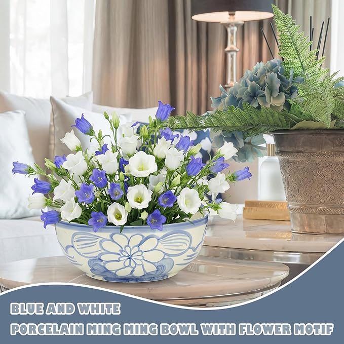 LemonRoad Large Blue and White Bowl Hand Painted Stoneware Decorative Bowls 16" x 7.7'' Floral Chinoiserie Ceramic Planter XL Pottery Porcelain Rice Bowl for Cereal Fruit Serving Kitchen Centerpiece