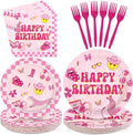 96Pcs Pink Checkered Preppy Birthday Party Supplies Serves 24 | Pink Smiley by Greencian