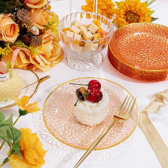 Rubtlamp 100 Pcs Clear Orange Gold Plastic Plates, Hammered Orange Party Plates,Heavy duty Dessert Plates,Disposable Salad/Dessert Platos,Clear Gold Plastic Platos 7 Inch For Thanksgiving,Halloween