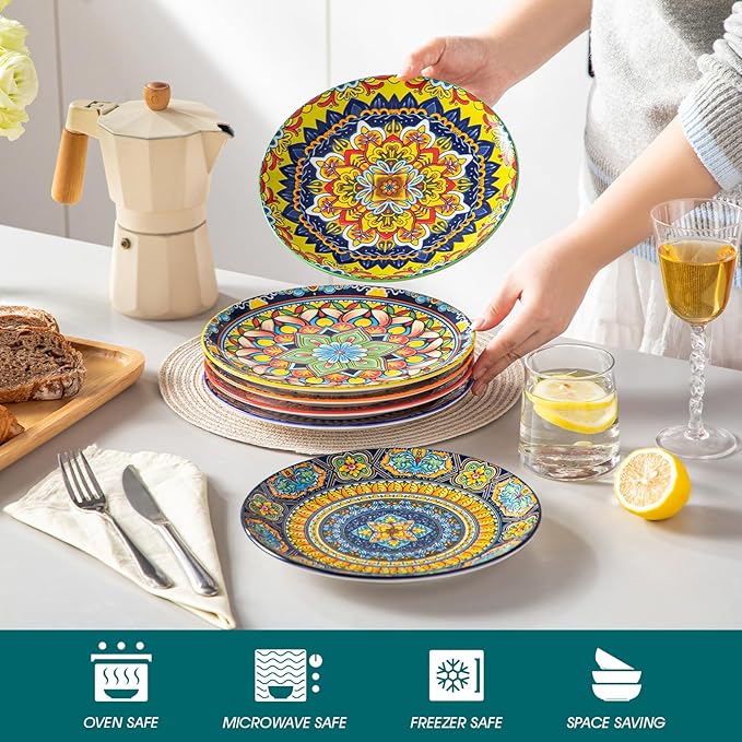 vancasso Bohemian Dessert Plates Set of 6, 8.5 Inch Ceramic Salad Plates, Boho Small Dinner Plates, Colorful Printed Kitchen Plate for Breakfast, Microwave & Dishwasher Safe Dishes, Series KRVI