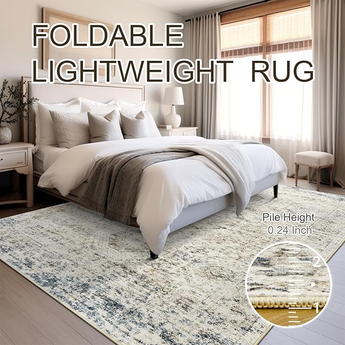 6x9 Area Rug for Living Room Washable 6x9 Non-Slip Modern Rugs for Bedroom Dinning Room Ultra-Thin Indoor Blue Ivory