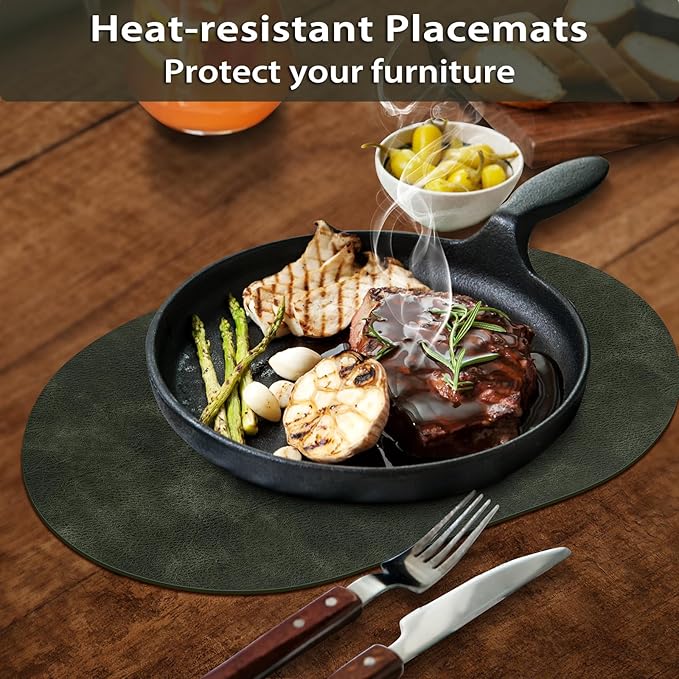 ADRIMER Placemats, Heat Resistant Oval Placemats Set of 4 Washable 12 x 17 Inch, Waterproof Table Mats, Wipeable Pu Place Mats for Kitchen, Dining Room, Olive Green