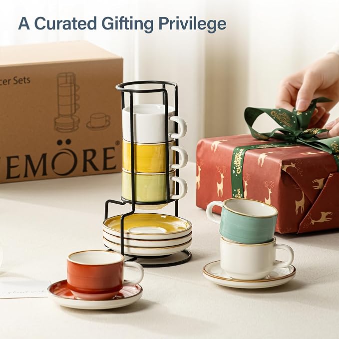 ONEMORE 2.5 Oz Espresso Cups Set of 4, Stackable Porcelain Coffee Cups - Image 7