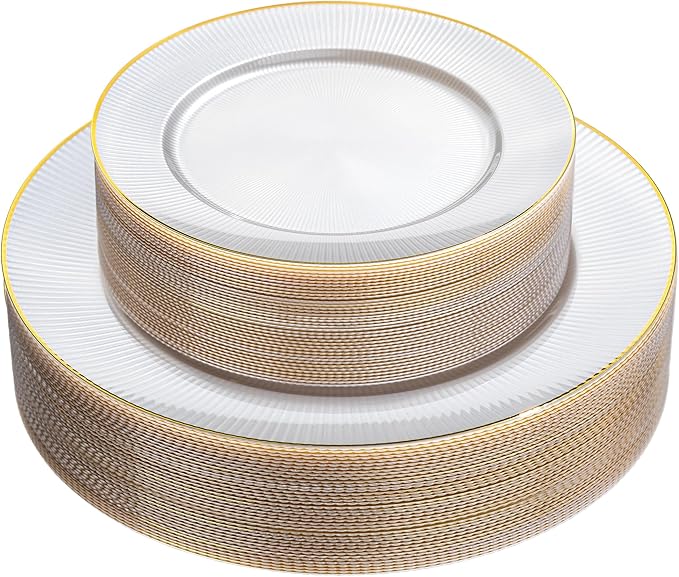 Hioasis 60pcs White and Gold Plastic Plates - White Disposable Dinnerware Set, 30pcs Dinner 10.25in & 30pcs Dessert 7.5in Plates with Striped Designs for Party & Wedding