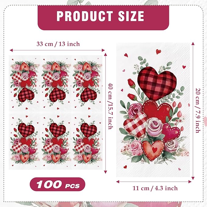Valentine' s Day Paper Napkins - 100 Pcs Red Checkered Heart Rose Decorative Napkin Sets Disposable, Gingham Dinner Guest Party Decorations Supplies for Holiday Engagement Wedding 7.9 x 4.3 In