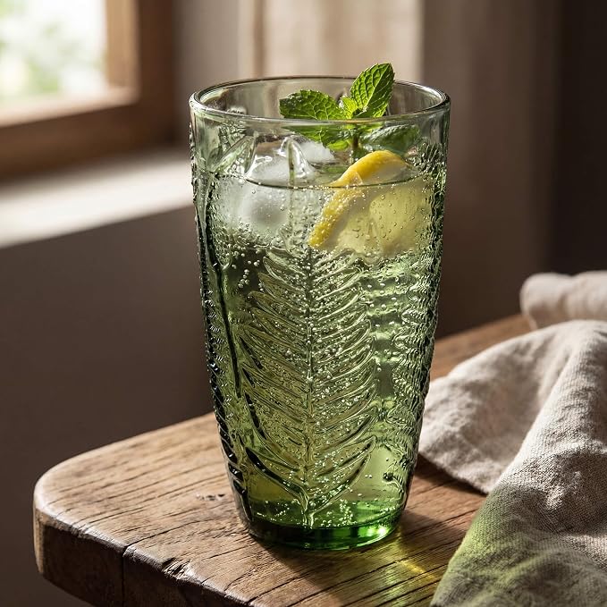 Green Drinking Glasses Set of 8, 16 oz Glass Cups, Vintage Fern Glassware | - Image 5
