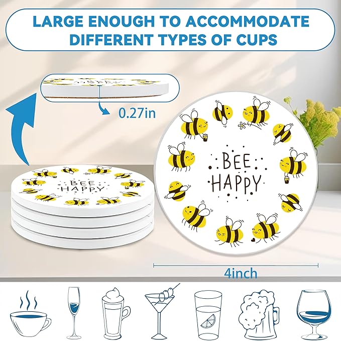 Bee Coasters Set of 4, Absorbent Ceramic with Cork Backing, Bee Happy Coaster Mats for Drinks, Ideal Gifts for Women Men