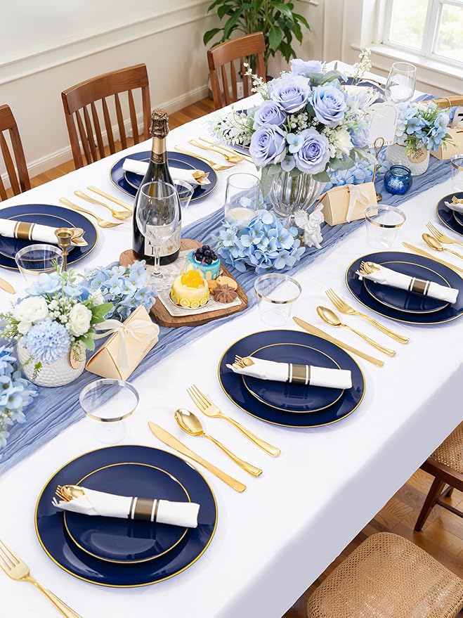 WDF 300PCS Navy Blue Plates Disposable - Blue Plastic Plates 50guest Heavy Duty Plastic Dinnerware Sets for Party/Wedding/Birthday