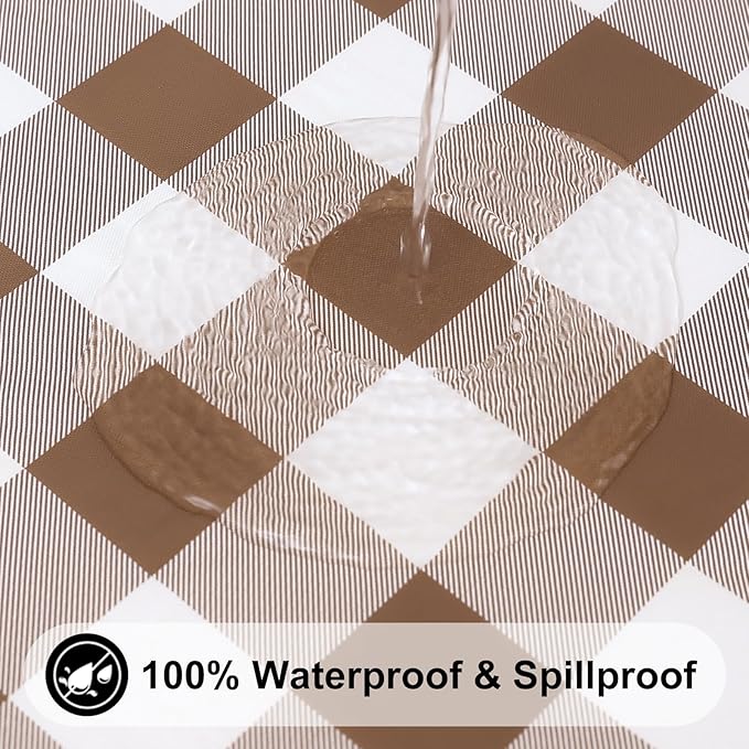 Smiry Rectangle Picnic Table Cloth, Elastic Waterproof Fitted Vinyl Tablecloths, Flannel Backed Buffalo Plaid Table Covers for Dining, Camping, Outdoor (White and Brown, 24" x 48")