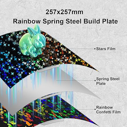Rainbow Confetti PEF+Galaxy PEY Smooth Build Plate for Bambu Lab X1 X1C X1E P1P P1S P2S A1, Double Sided Textured Spring Steel Sheet Flexible Plate for Bambu Lab 3D Printer 257x257mm