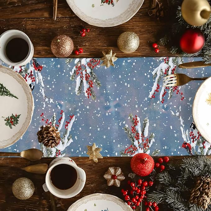 Merry Christmas Table Runner 36 Inches Long, Xmas Trees Snowman Snowflake Table - Image 4
