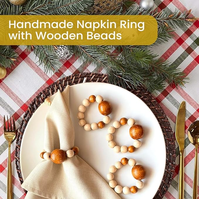Napkin Rings Set of 6 - Modern Napkin Holder Rings with Wooden Beads | Dinner Napkin Ring for Holiday & Christmas, Birthday Party, & Wedding Decor - Farmhouse Napkin Rings Bulk (Dari)