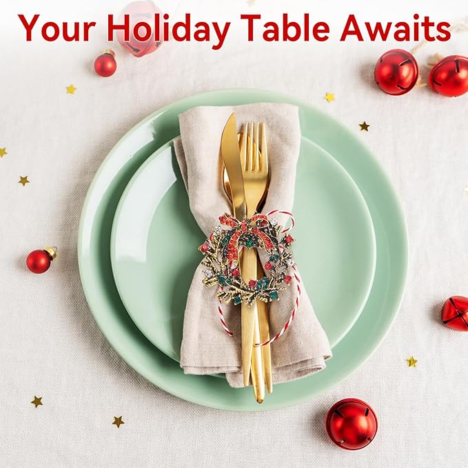 ZeeDix Christmas Wreath Napkin Rings Set of 6, Holiday Christmas Napkin Ring Holders for Cloth Napkins, Xmas Napkin Rings for Thanksgiving Holiday Dinner Party Table Setting