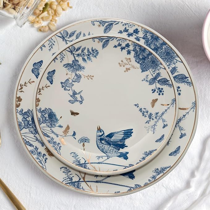 Porcelain Floral Plates Ceramic 8 Inch & 10 Inch Ceramic Plates 4 Pieces, Dessert Plate Blue and White, Salad Plate Set, Floral Dinnerware Set for Kitchen, Dinner Plate for Cake Snacks Side Dish