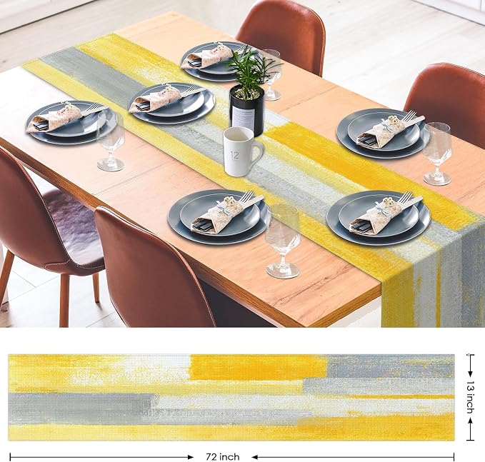 Emvency Table Runner, 13x72 Inch, Abstract Modern Yellow | Grey Art Dining Decor - Image 2