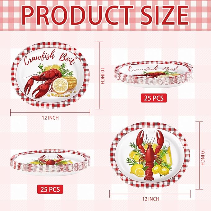 Grencian 50 Pcs Crawfish Boil Party Supplies 10” x 12” Lobster Boil Oval Paper Plates Large Disposable Crawfish Red Gingham Tableware Set for Baby Shower BBQ Summer Picnic Barbecue Cookout Carnival