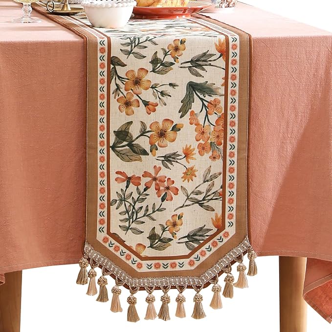 bilin gaier Designer French Linen Small Table Runner, Floral Pattern, Dining by bilingaier