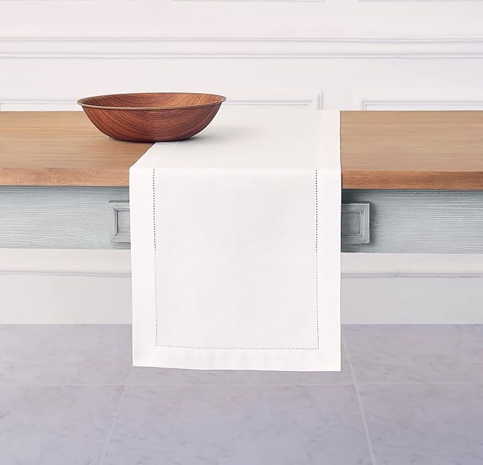 Solino Home Cotton Linen Dining Table Runner White Hemstitch, 14 x 90 in | by SolinoHome