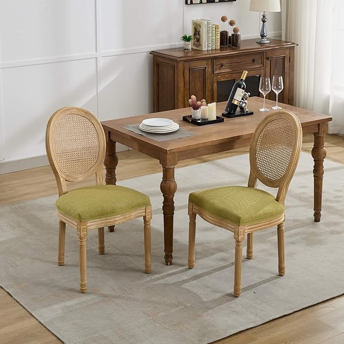 Vintage French Rattan Dining Chairs Set of 4, Round Back Accent Chairs with Rattan Backrest and Upholstered Linen Seat, Solid Frame Wood Sillas de Comedor for Dining Room & Kitchen, Olive Green