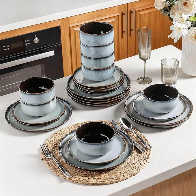 LeRATIO Ceramic Dinnerware Set of 4, Poreclain Plates, Bowls, Handmade Reactive Glaze Dishes, Chip Resistant, Oven & Dishwasher Safe, Service for 4-Gray White