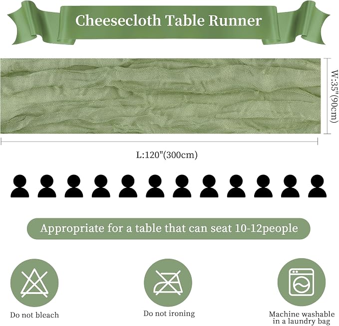 AGIRL 12 Pack Sage Green Cheesecloth Table Runner 10FT Boho Home Decor | Rustic - Image 2