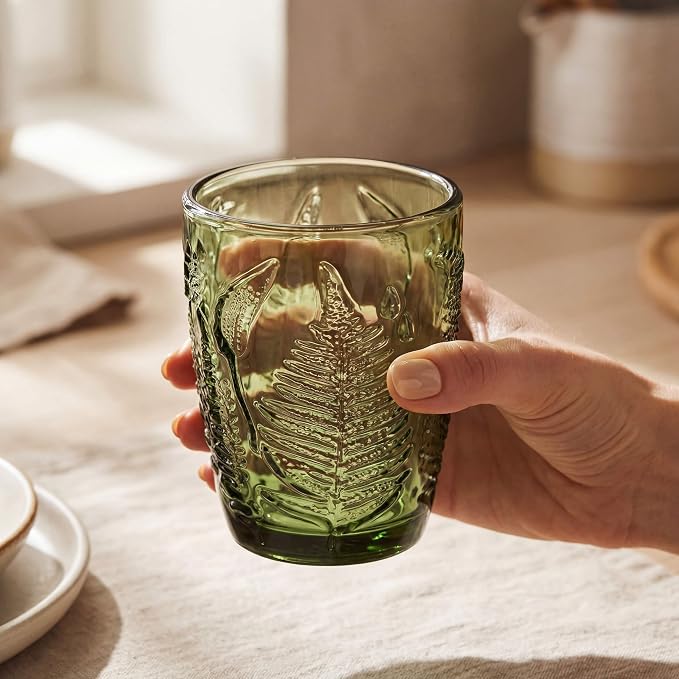 Green Drinking Glasses Set of 4, 10 oz Glass Cups, Vintage Fern Glassware | - Image 3