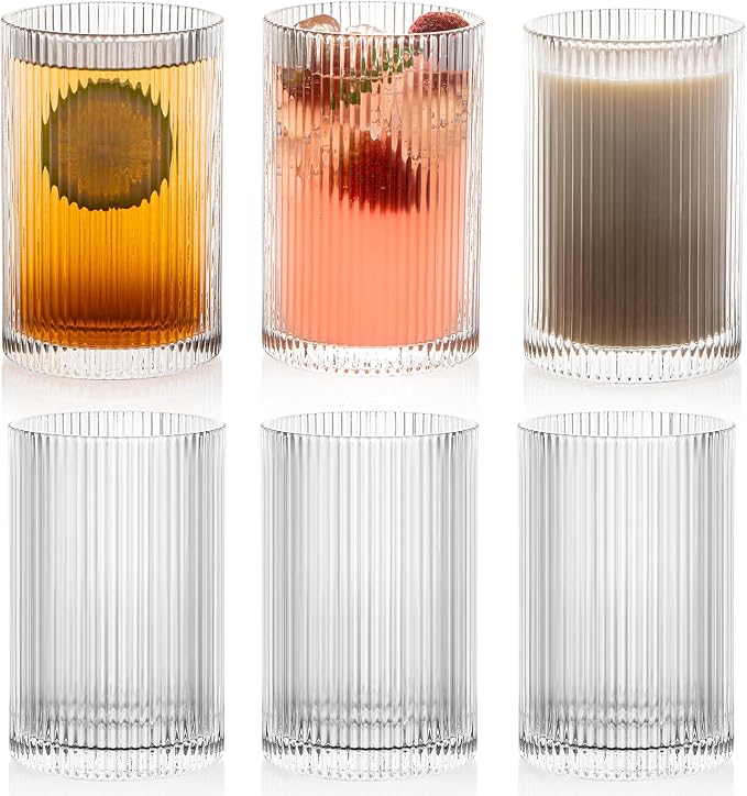 Vintage Ribbed Glassware Set: 6pcs 16.9oz XL Drinking Glasses, Fluted Ripple by Polishyourdreamlightupthefuture