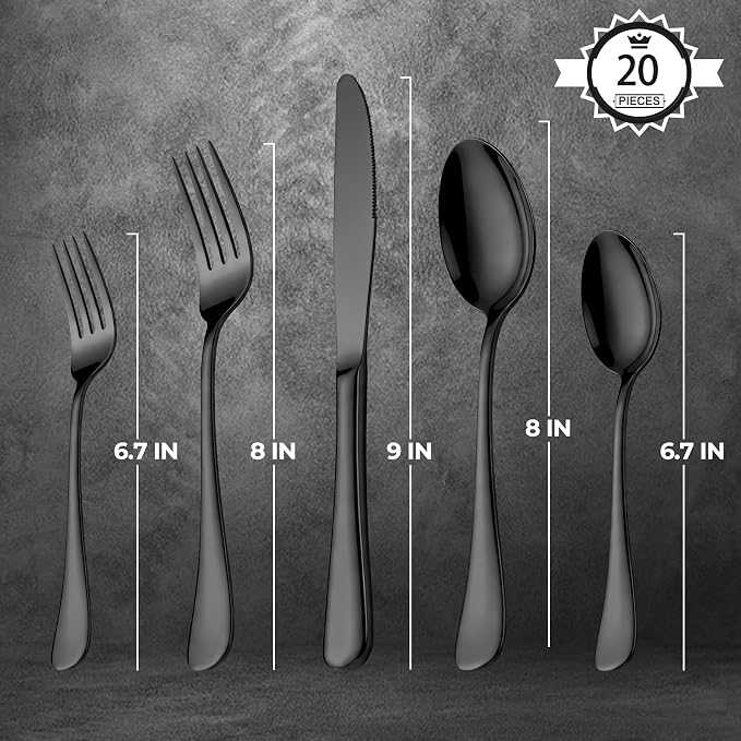 LIANYU 20 Piece Black Silverware Set, Stainless Steel Flatware Cutlery Set | - Image 3