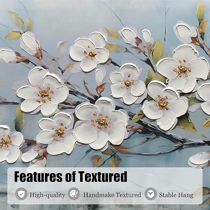 Anolyfi White Textured Flowers Wall Art for Living Room Canvas Wall Decor, Modern Elegant Landscape Wall Art for Dining Room Hallway Office Home 58"x29"