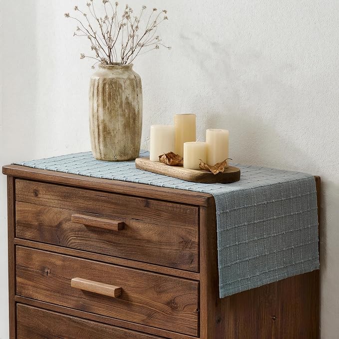Artisanal Grid Linen Table Runner, 13x90 Inches Chambray | Heavy Textured - Image 3