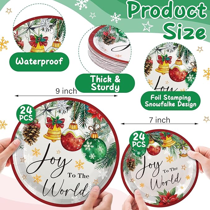 48 Pcs Christmas Paper Plates Include 9 Inch Joy to The World Plate 7 Inch Watercolor Pine Xmas Ball Plate for Holiday Party Supplies