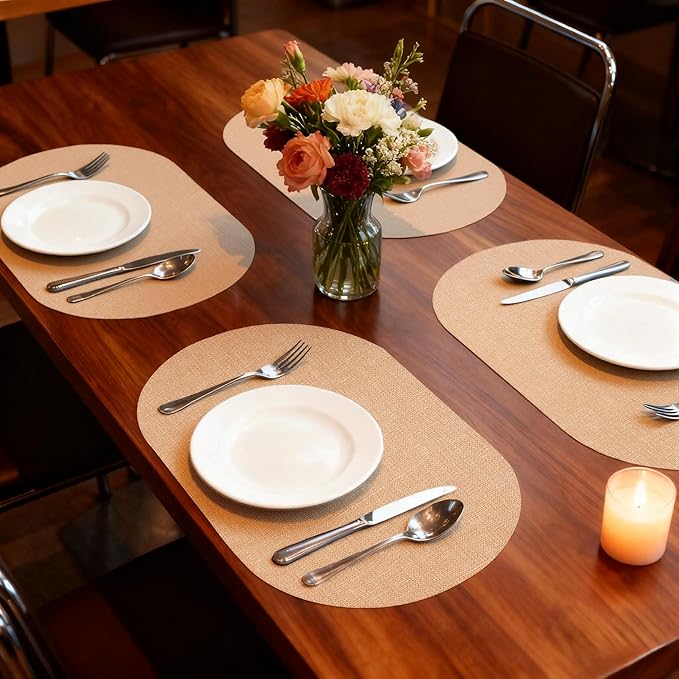 Oval Placemats for Dining Table Set of 4, Washable Leather Table Mats, Waterproof Heat-Resistant Non-Slip Kitchen Placemats, Simple Style Oval Design