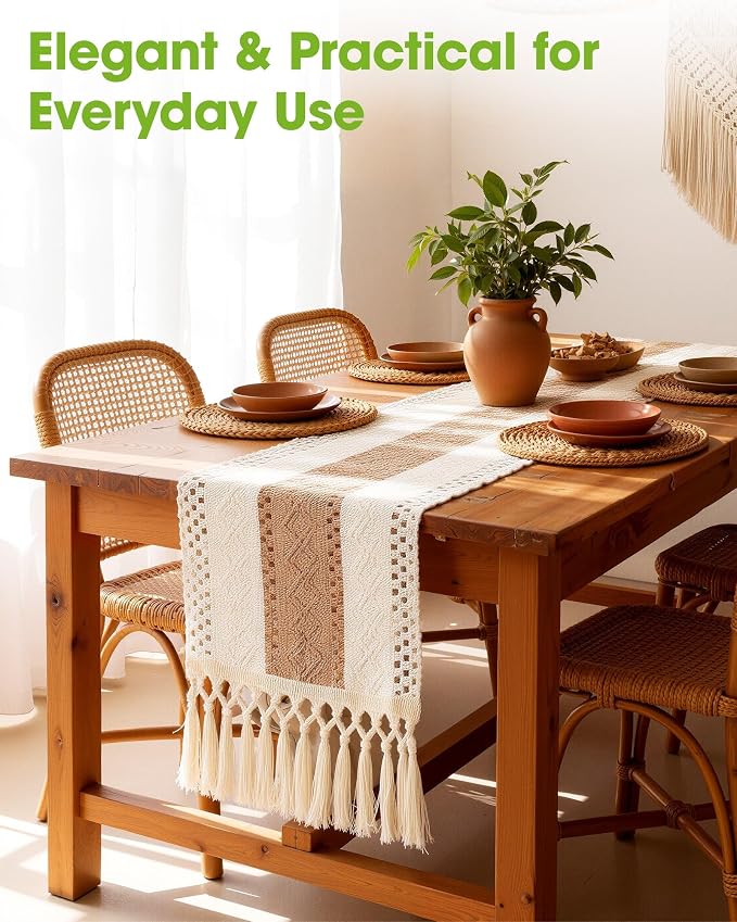 Pureegg Boho Table Runner 12 x 60 Inch, Woven Tassel Design | Dining Table - Image 2