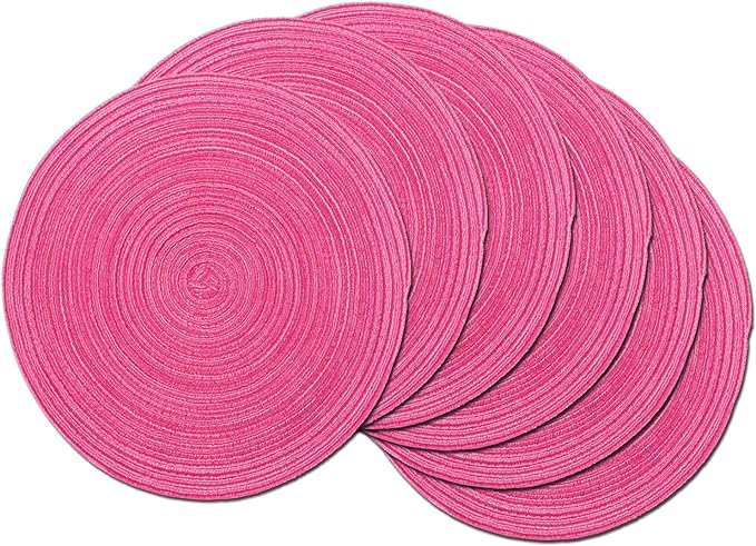 SHACOS Round Braided Placemats Set of 6 Cotton Round Place Mats 15 inch Washable Table Mats for Holiday Party (Hot Pink, 6)