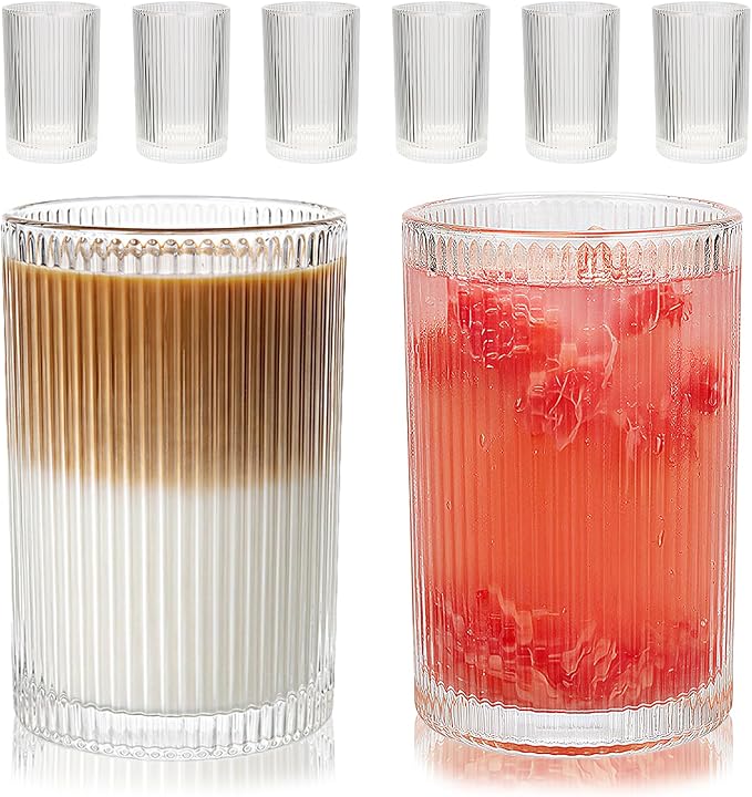 Set of 6 Large capacity Ribbed Glassware, 17oz Vintage Clear Glass Tumbler by WeirdUncle