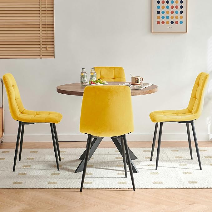 5-Piece Round Dining Table Set - Kitchen Table Chairs Set of 4 with Yellow Velvet Upholstered Chairs -Dining Table Set for 4